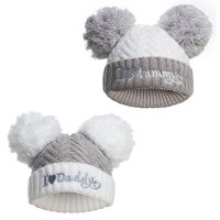 H682-G: Grey Chevron Hat w/Emb & Pom Poms (0-12 Months)